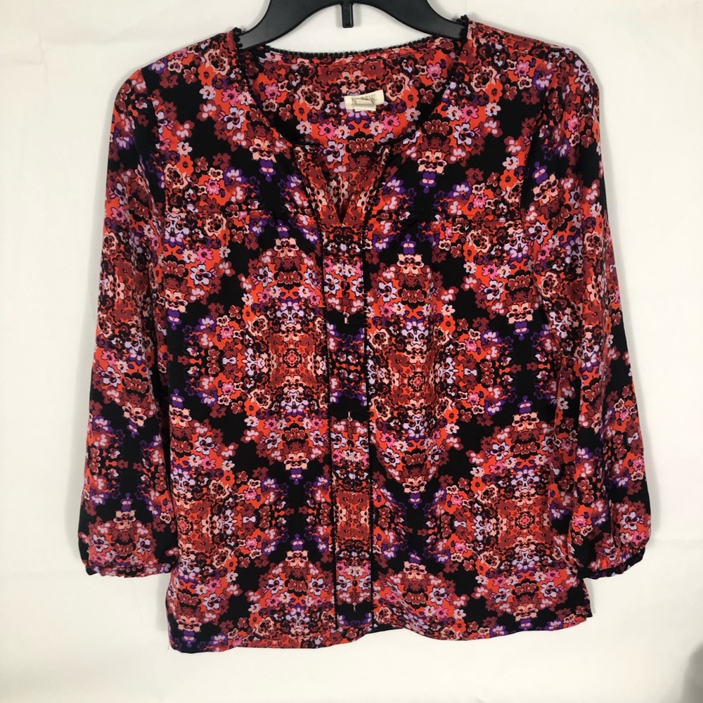 J Crew Blouse Womens XS Floral Flowers Red Black Vneck Watercolor Shirt Top